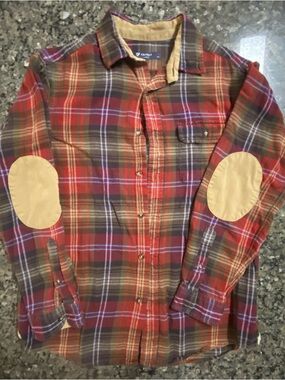 Daniel Cremieux Red and Brown Plaid Button-Down Shirt with Tan Elbow Patches